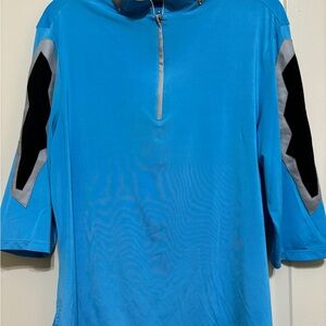 Jamie Sadock Blue Jersey 3/4 Sleeves top front zipper chest 40” length 24”